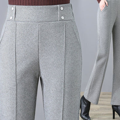 Elegant Korean Fashion Thicken Woolen Flare Pants for Women , New Autumn Winter Solid High Waist Slim Office Ladies Trousers