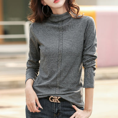 HI-FASHION Tee Shirt Femme Cotton Diamond Women Half Turtleneck Long Sleeve Tees Spring Tops Korean Style Clothes For Woman