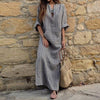 Womens Cotton Linen Dress Big Kaftan Long Sleeve Summer Striped Women Plus Size Long Maxi Boho Dresses