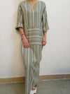 Womens Cotton Linen Dress Big Kaftan Long Sleeve Summer Striped Women Plus Size Long Maxi Boho Dresses