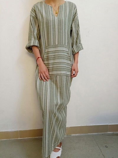 Womens Cotton Linen Dress Big Kaftan Long Sleeve Summer Striped Women Plus Size Long Maxi Boho Dresses