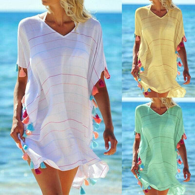 Women Dress Summer V Neck Ladies Blouse Shirt Swimming Tops Striped Bikini Cover Up Swimwear Beach Dress