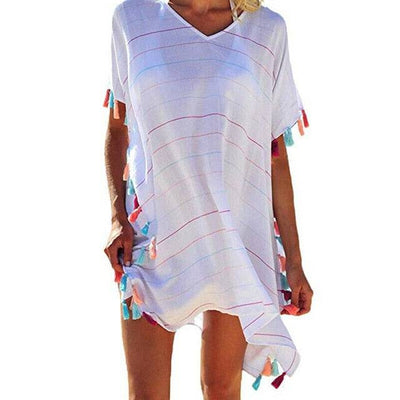 Women Dress Summer V Neck Ladies Blouse Shirt Swimming Tops Striped Bikini Cover Up Swimwear Beach Dress