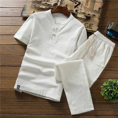 (Shirt + trousers) New Arrival Summer Style Men Cotton and Linen Shirts High Quality Fashion Casual Solid Men's Cropped Pants