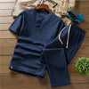 (Shirt + trousers) New Arrival Summer Style Men Cotton and Linen Shirts High Quality Fashion Casual Solid Men's Cropped Pants