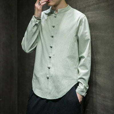 Linen Shirts Men Clothing Chinese Style Long Sleeve Retro Buttoned Shirt Solid Color