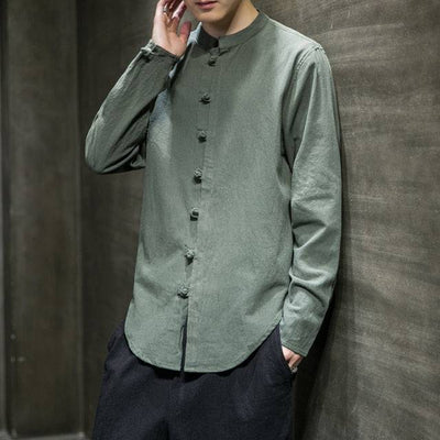 Linen Shirts Men Clothing Chinese Style Long Sleeve Retro Buttoned Shirt Solid Color