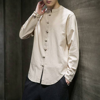 Linen Shirts Men Clothing Chinese Style Long Sleeve Retro Buttoned Shirt Solid Color