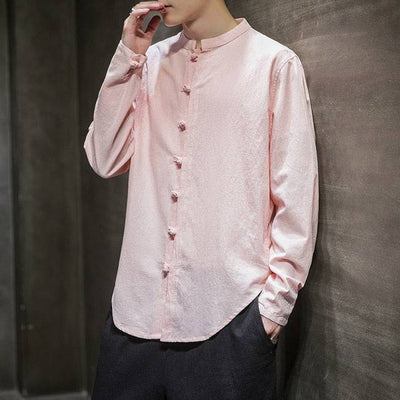 Linen Shirts Men Clothing Chinese Style Long Sleeve Retro Buttoned Shirt Solid Color