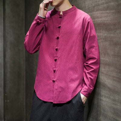 Linen Shirts Men Clothing Chinese Style Long Sleeve Retro Buttoned Shirt Solid Color