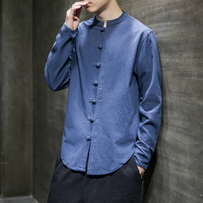 Linen Shirts Men Clothing Chinese Style Long Sleeve Retro Buttoned Shirt Solid Color