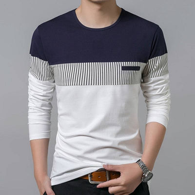 T Shirt Men Cotton Long Sleeve O Neck Mens T Shirt Fashion Patchwork Stripe Causal T Shirt Man Brand Men Clothing/Tops