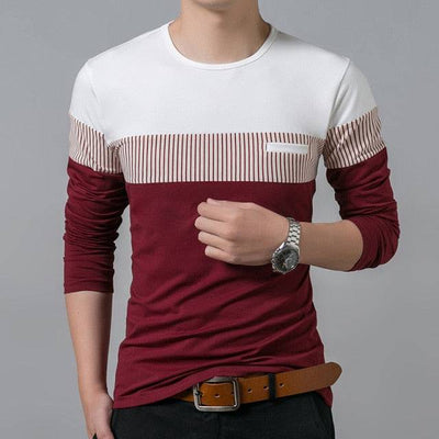 T Shirt Men Cotton Long Sleeve O Neck Mens T Shirt Fashion Patchwork Stripe Causal T Shirt Man Brand Men Clothing/Tops