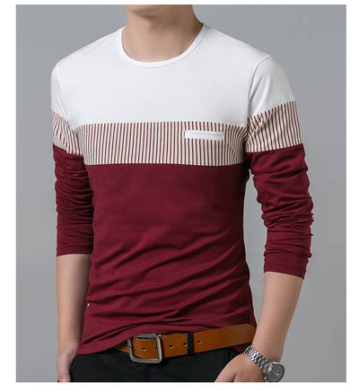 T Shirt Men Cotton Long Sleeve O Neck Mens T Shirt Fashion Patchwork Stripe Causal T Shirt Man Brand Men Clothing/Tops