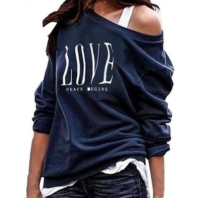 Women Loose Casual Long Sleeve Lady Pullover Tops Women  Off Shoulder Sweatshirt Love Letter Print Long Sleeve Pullover