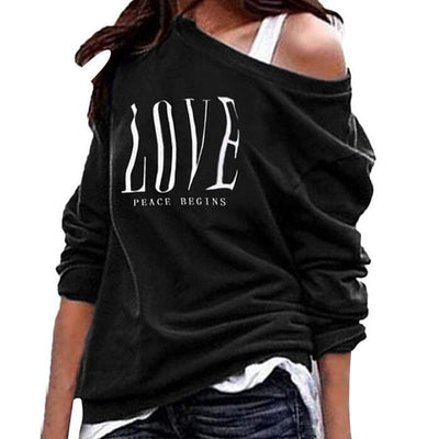 Women Loose Casual Long Sleeve Lady Pullover Tops Women  Off Shoulder Sweatshirt Love Letter Print Long Sleeve Pullover