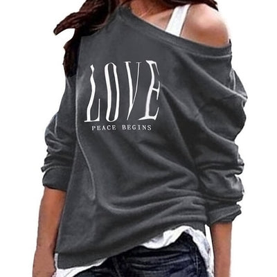 Women Loose Casual Long Sleeve Lady Pullover Tops Women  Off Shoulder Sweatshirt Love Letter Print Long Sleeve Pullover