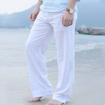 Men Casual Cotton Linen Wed Leg fisherman Loose Long Pant White Black Solid Color Autumn Summer