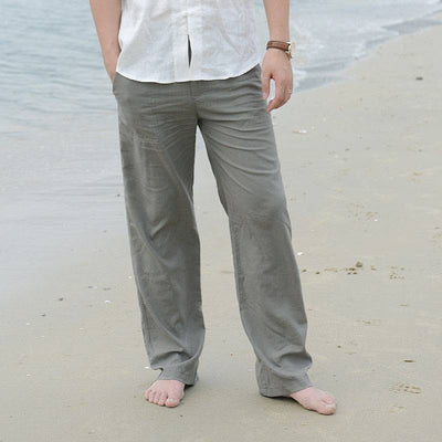 Men Casual Cotton Linen Wed Leg fisherman Loose Long Pant White Black Solid Color Autumn Summer