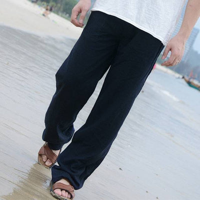 Men Casual Cotton Linen Wed Leg fisherman Loose Long Pant White Black Solid Color Autumn Summer