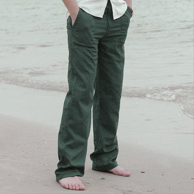 Men Casual Cotton Linen Wed Leg fisherman Loose Long Pant White Black Solid Color Autumn Summer