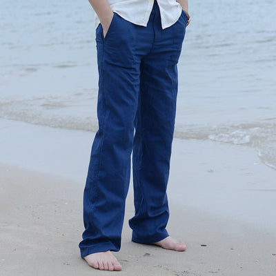 Men Casual Cotton Linen Wed Leg fisherman Loose Long Pant White Black Solid Color Autumn Summer