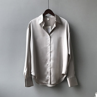 Satin Silk Shirt Vintage Blouse Women White Lady Long Sleeves