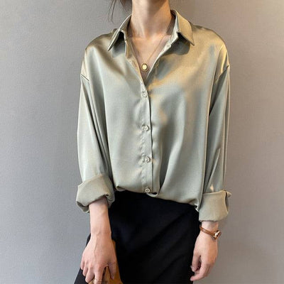 Satin Silk Shirt Vintage Blouse Women White Lady Long Sleeves