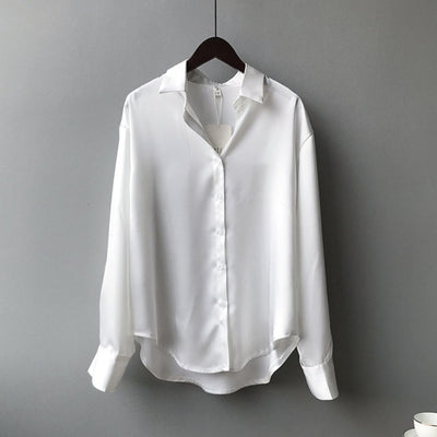 Satin Silk Shirt Vintage Blouse Women White Lady Long Sleeves