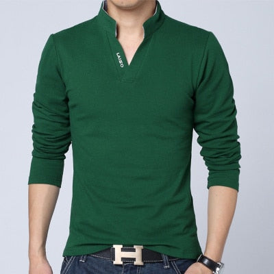 Spring Cotton T Shirt Men Solid Color T-shirt Mandarin Collar Long Sleeve Top Men