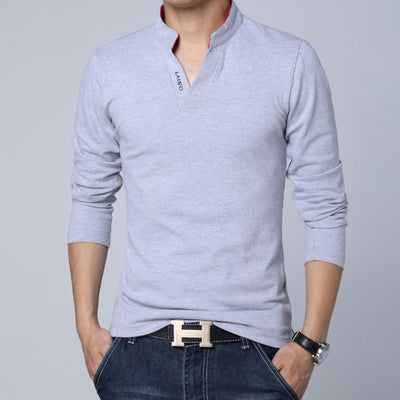 Spring Cotton T Shirt Men Solid Color T-shirt Mandarin Collar Long Sleeve Top Men