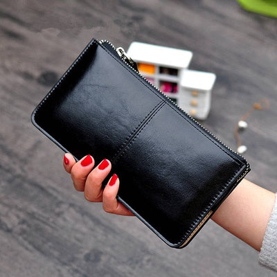 Women  Vintage Oil Wax Leather Zipper Clutch Wallet Female Large Capacity Coin Purse Ladies Wristband Simple Card Holder Wallet