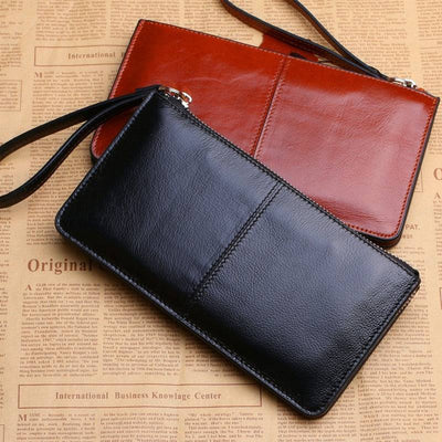 Women  Vintage Oil Wax Leather Zipper Clutch Wallet Female Large Capacity Coin Purse Ladies Wristband Simple Card Holder Wallet