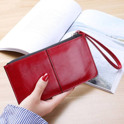 Women  Vintage Oil Wax Leather Zipper Clutch Wallet Female Large Capacity Coin Purse Ladies Wristband Simple Card Holder Wallet