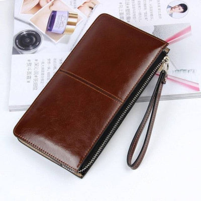 Women  Vintage Oil Wax Leather Zipper Clutch Wallet Female Large Capacity Coin Purse Ladies Wristband Simple Card Holder Wallet