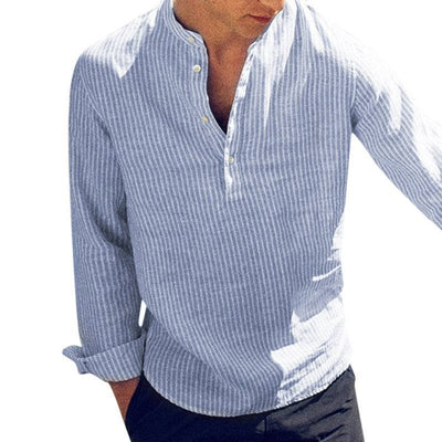 New Cotton Long Sleeve Mens Shirts Spring Autumn Striped Slim Fit Stand Collar Shirt Male Clothes