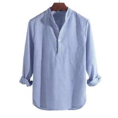 New Cotton Long Sleeve Mens Shirts Spring Autumn Striped Slim Fit Stand Collar Shirt Male Clothes