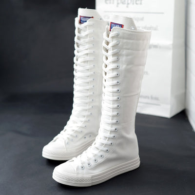 Spring Autumn Women Shoes Canvas Casual High Top Shoes Long Boots Lace-Up Zipper Comfortable Flat Boots Sneakers  New