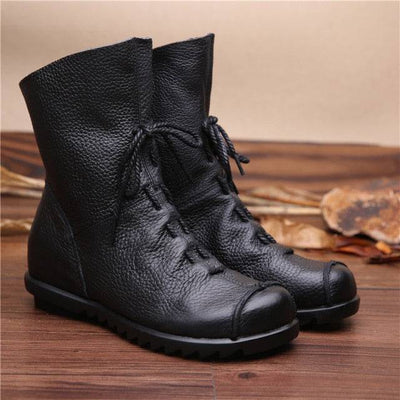 Vintage Style Genuine Leather Women Boots Flat Booties Soft Cowhide Women Shoes Front Zip Ankle Boots