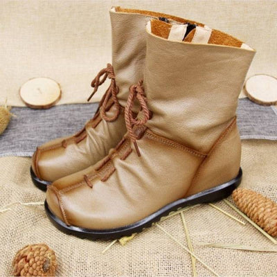 Vintage Style Genuine Leather Women Boots Flat Booties Soft Cowhide Women Shoes Front Zip Ankle Boots