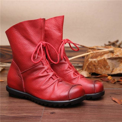 Vintage Style Genuine Leather Women Boots Flat Booties Soft Cowhide Women Shoes Front Zip Ankle Boots