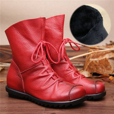 Vintage Style Genuine Leather Women Boots Flat Booties Soft Cowhide Women Shoes Front Zip Ankle Boots