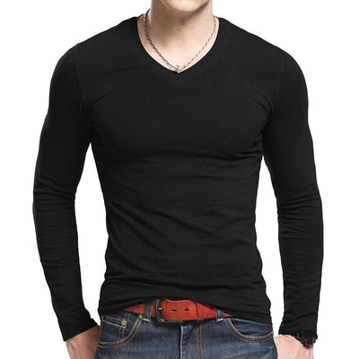 Lycra Cotton Men's T-Shirts Long Sleeve V Neck T Shirt  Men Cotton T-Shirt Solid Color Slim T Shirt  Man