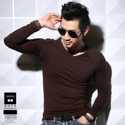 Lycra Cotton Men's T-Shirts Long Sleeve V Neck T Shirt  Men Cotton T-Shirt Solid Color Slim T Shirt  Man