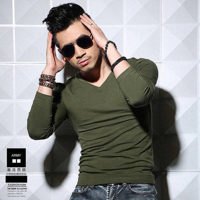 Lycra Cotton Men's T-Shirts Long Sleeve V Neck T Shirt  Men Cotton T-Shirt Solid Color Slim T Shirt  Man