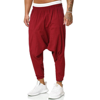 Linen Cross-Pants Men Baggy Harem Pants Men Solid Black Trousers Male HipHop Joggers Man Streetwear  Wide Legs Pants