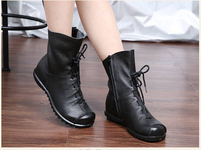 Vintage Style Genuine Leather Women Boots Flat Booties Soft Cowhide Women Shoes Front Zip Ankle Boots