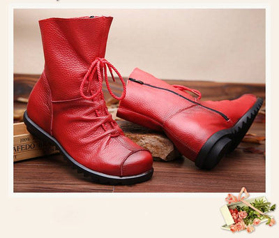 Vintage Style Genuine Leather Women Boots Flat Booties Soft Cowhide Women Shoes Front Zip Ankle Boots