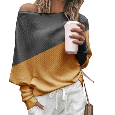 Spring Autumn Women Color Block Off Shoulder Loose Long Sleeve T-Shirt Top