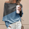 Spring Autumn Women Color Block Off Shoulder Loose Long Sleeve T-Shirt Top